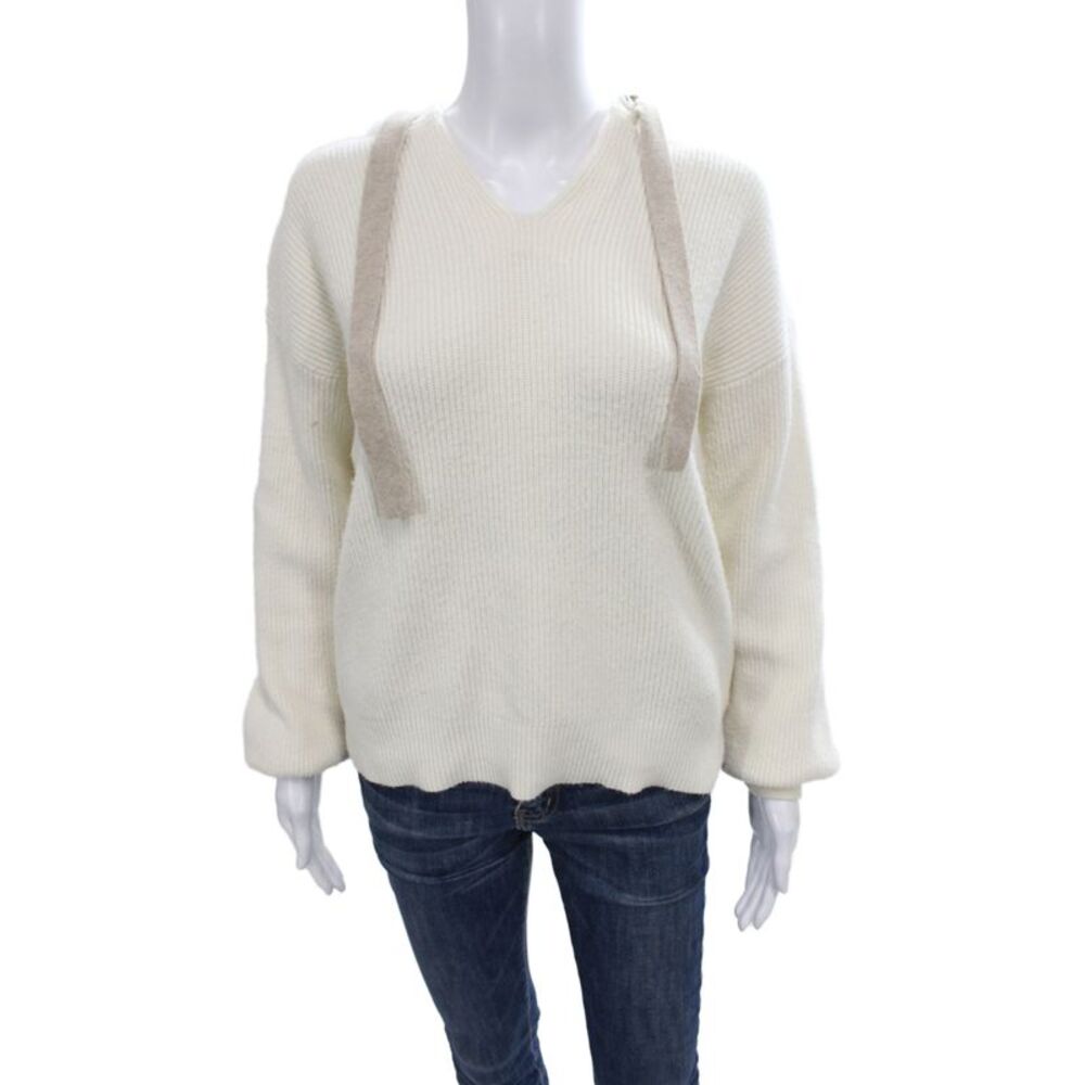 White + Warren Womens Ivory V Neck Long Sleeve Pullover Sweater Size S